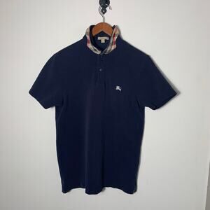 Mens Burberry Brit Navy Blue Nova Check Polo Shirt Size M EUC!